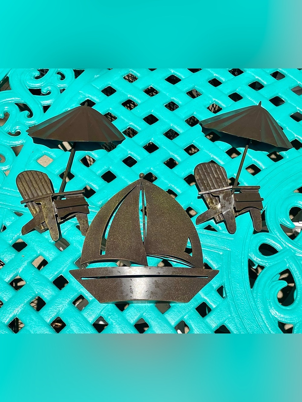 3-Piece Coastal Metal Wall Décor Set – Sailboat & Adirondack Chairs Umbrellas
